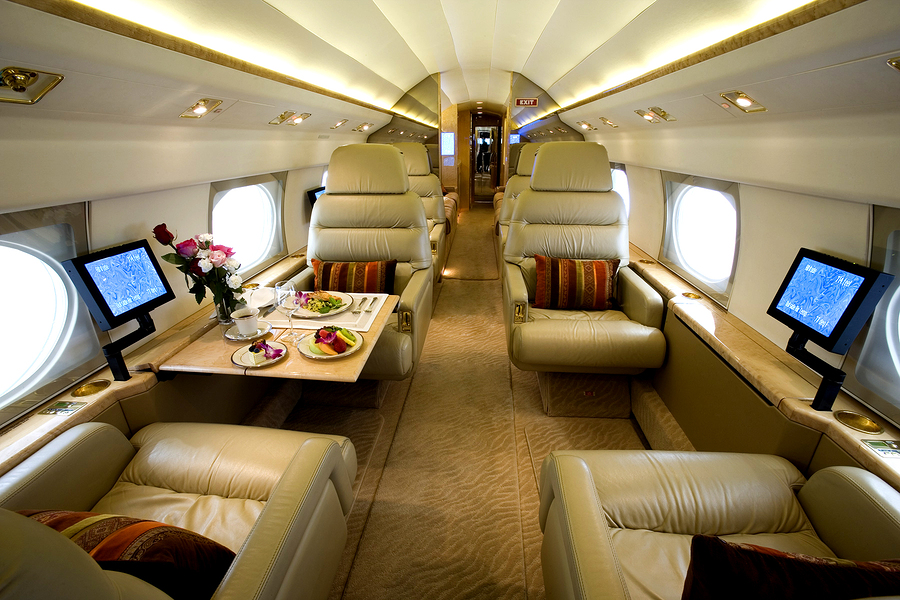 Private jet interior for luxury vacation